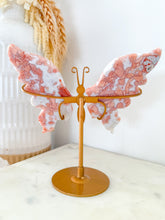 Load image into Gallery viewer, Druzy Pink Agate Butterfly on Gold Stand #1