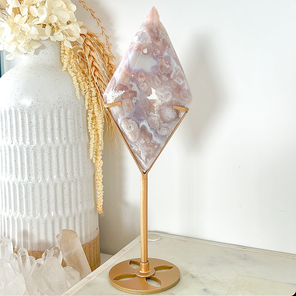 Pink Amethyst Flower Agate Druzy Diamond & Stand