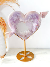 Load image into Gallery viewer, Pink + Purple Amethyst Druzy Cupid Heart with Stand