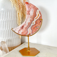 Load image into Gallery viewer, Pink Crazy Lace Druzy Agate Moon & Stand