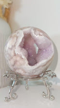 Load and play video in Gallery viewer, RARE Pink Amethyst Flower Agate Sugar Druzy Sphere & Stand