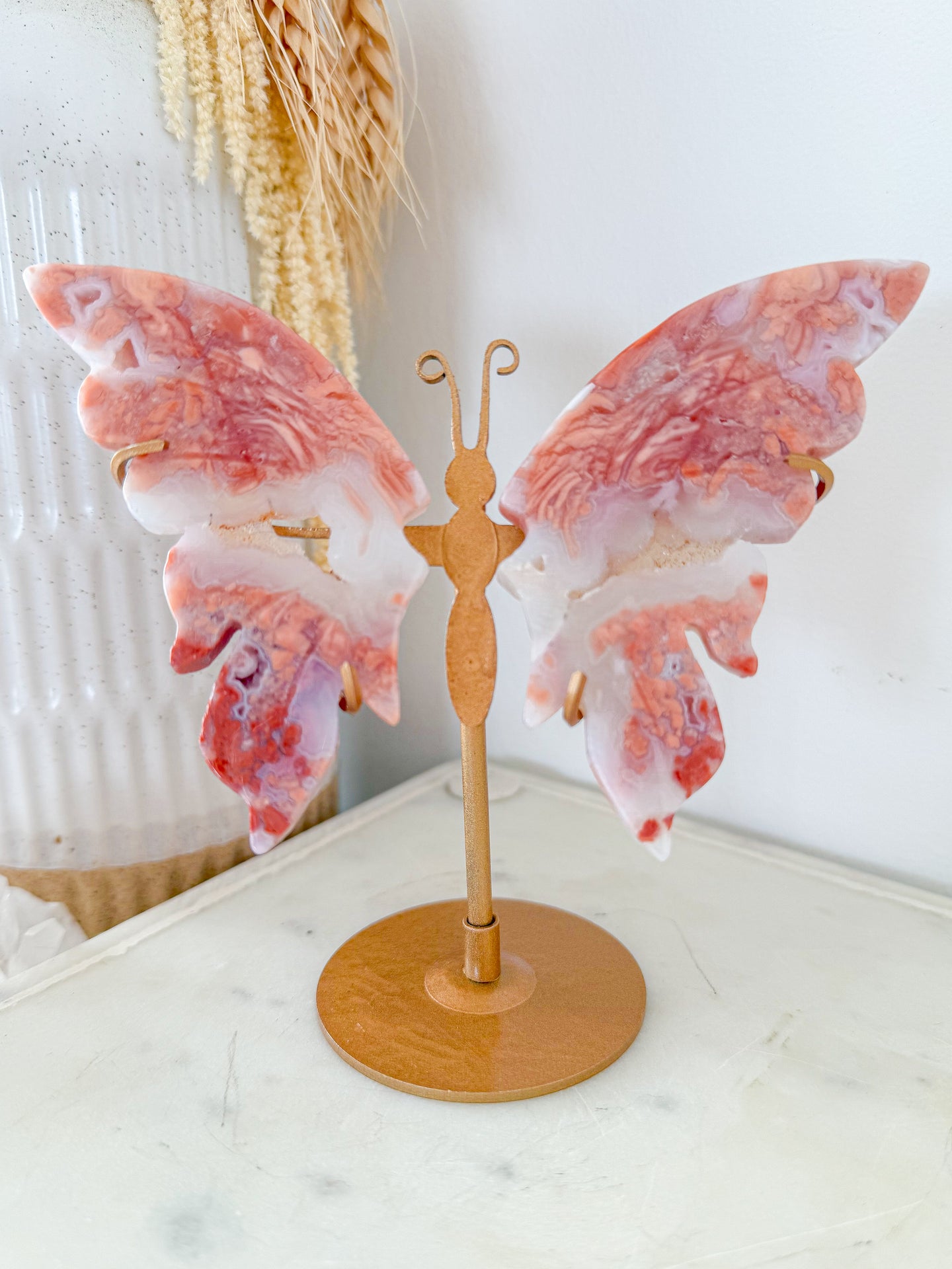 Pink Agate Druzy Butterfly on Gold Stand #3