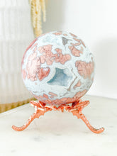 Load image into Gallery viewer, Pink Agate Druzy Sphere with Rose Dragonfly Stand
