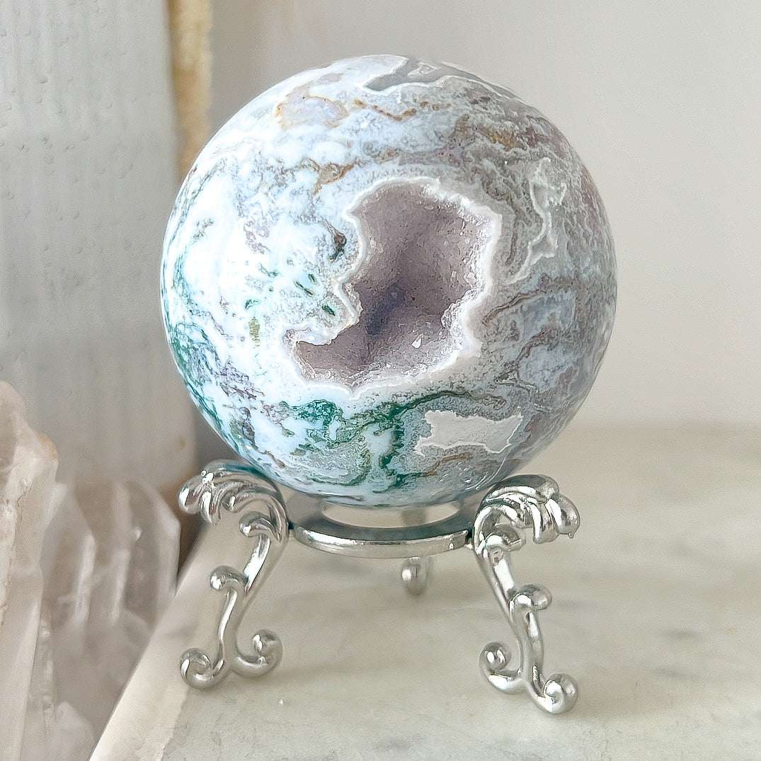 Moss Agate Druzy Sphere & Stand