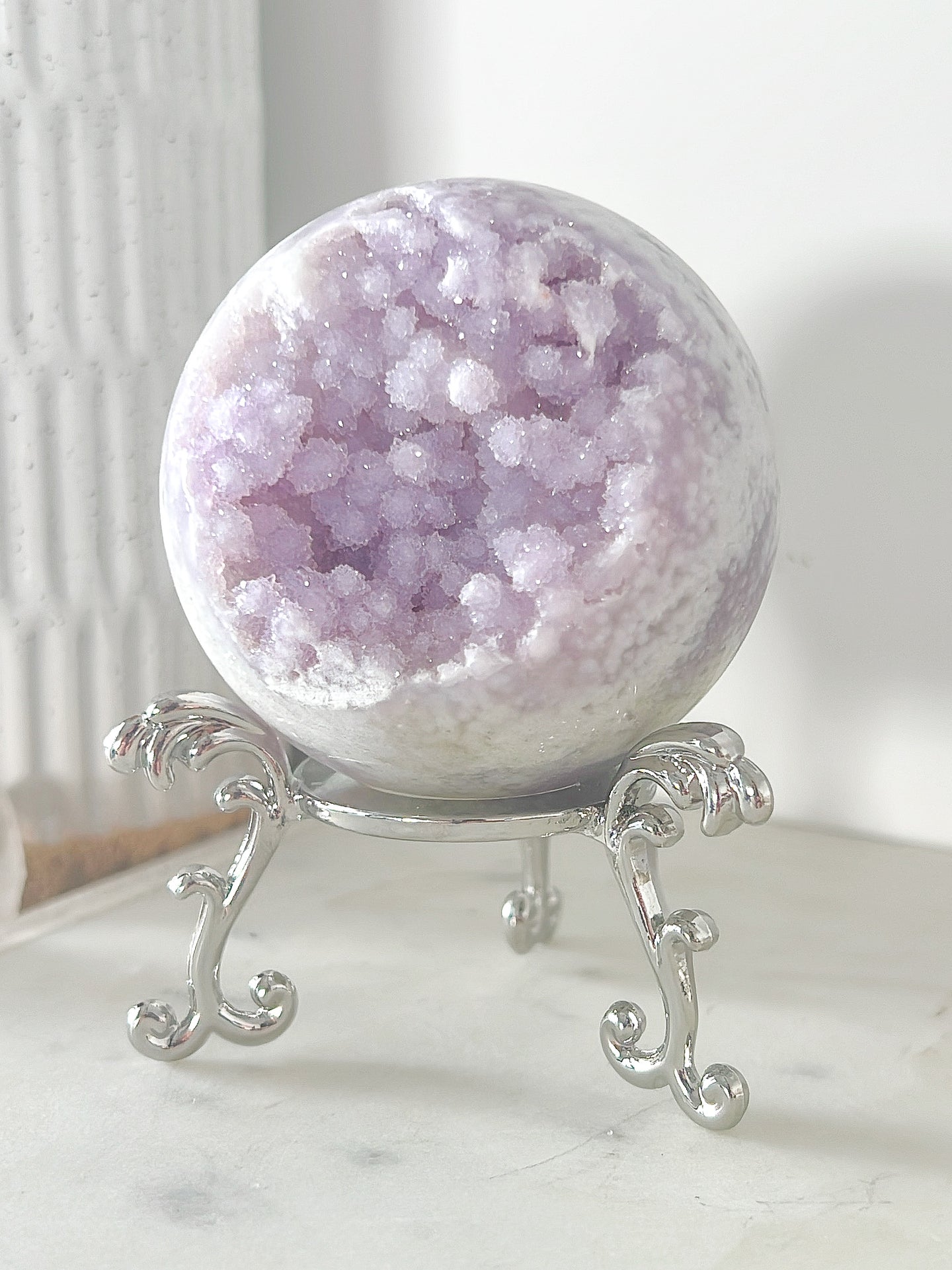 AAA+ Rare Pink Amethyst Flower Agate Sugar Druzy Sphere & Stand