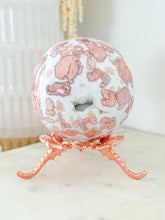 Load image into Gallery viewer, Pink Agate Druzy Sphere with Rose Dragonfly Stand
