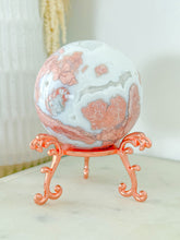 Load image into Gallery viewer, Pink Agate Druzy Sphere with Rose Stand
