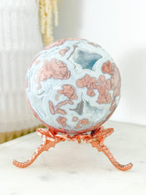 Load image into Gallery viewer, Pink Agate Druzy Sphere with Rose Dragonfly Stand

