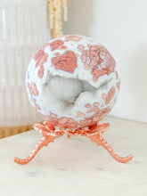 Load image into Gallery viewer, Pink Agate Druzy Sphere with Rose Dragonfly Stand
