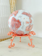 Load image into Gallery viewer, Pink Agate Druzy Sphere with Rose Stand
