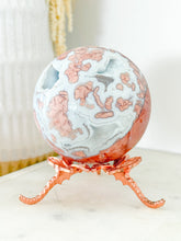 Load image into Gallery viewer, Pink Agate Druzy Sphere with Rose Dragonfly Stand
