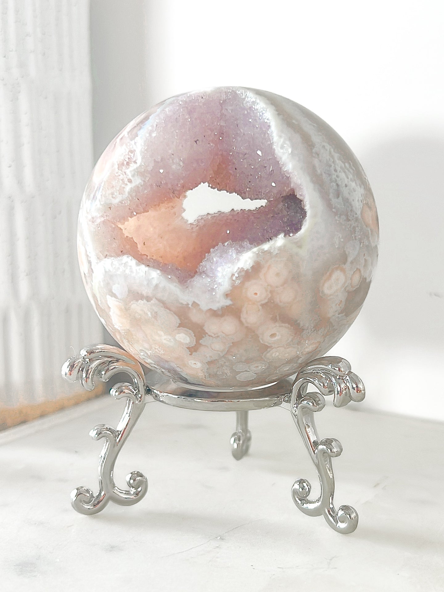 RARE Pink Amethyst Flower Agate Sugar Druzy Sphere & Stand