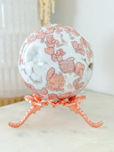 Load image into Gallery viewer, Pink Agate Druzy Sphere with Rose Dragonfly Stand
