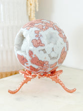 Load image into Gallery viewer, Pink Agate Druzy Sphere with Rose Dragonfly Stand
