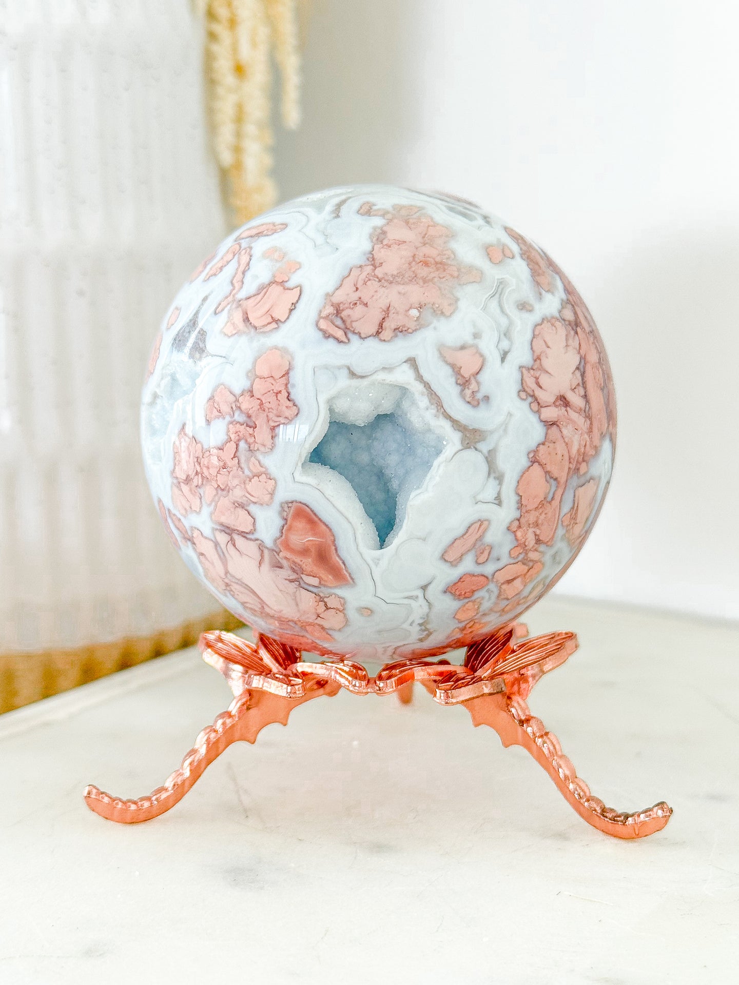 Pink Agate Druzy Sphere with Rose Dragonfly Stand