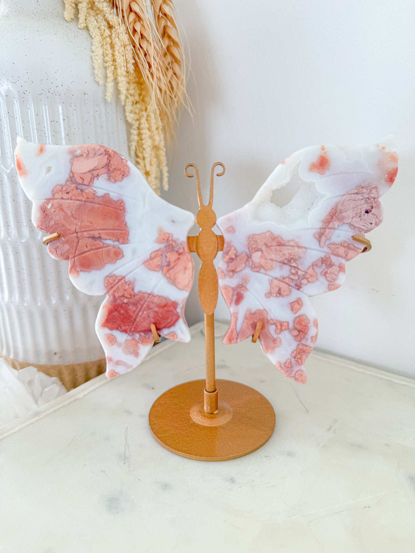 Pink Agate Druzy Butterfly on Gold Stand #2