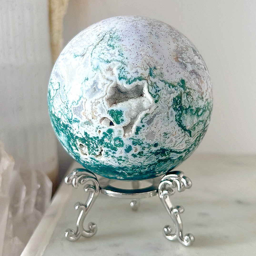 Moss Agate Druzy Sphere & Stand