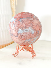 Load image into Gallery viewer, Druzy Pink Agate Sphere with Rose Butterfly Stand
