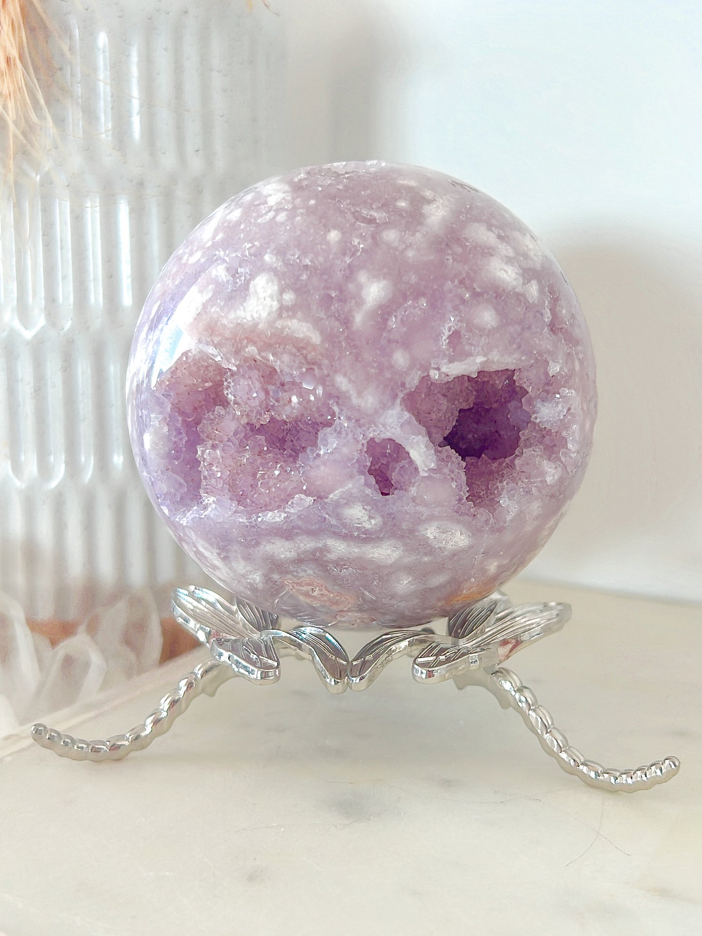 AA+ Lilac Pink Amethyst Flower Agate Sphere & Stand