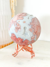Load image into Gallery viewer, Druzy Pink Agate Sphere with Rose Butterfly Stand
