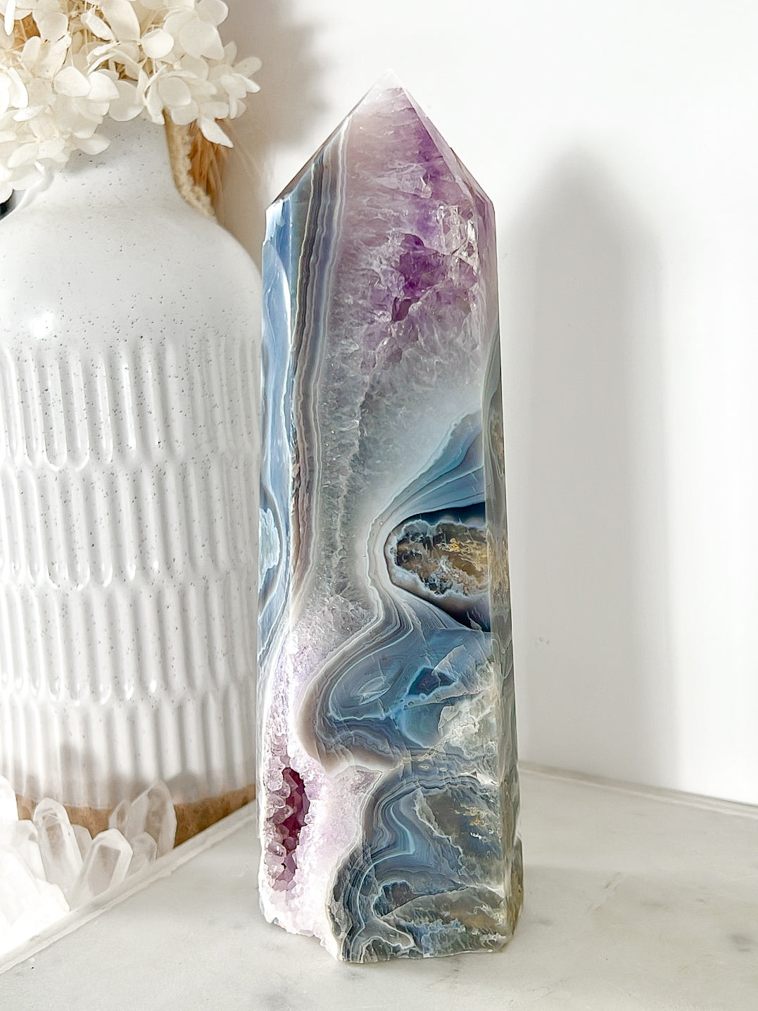 Rare Moss Agate Amethyst Druzy Tower