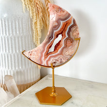 Load image into Gallery viewer, Pink Crazy Lace Druzy Agate Moon &amp; Stand
