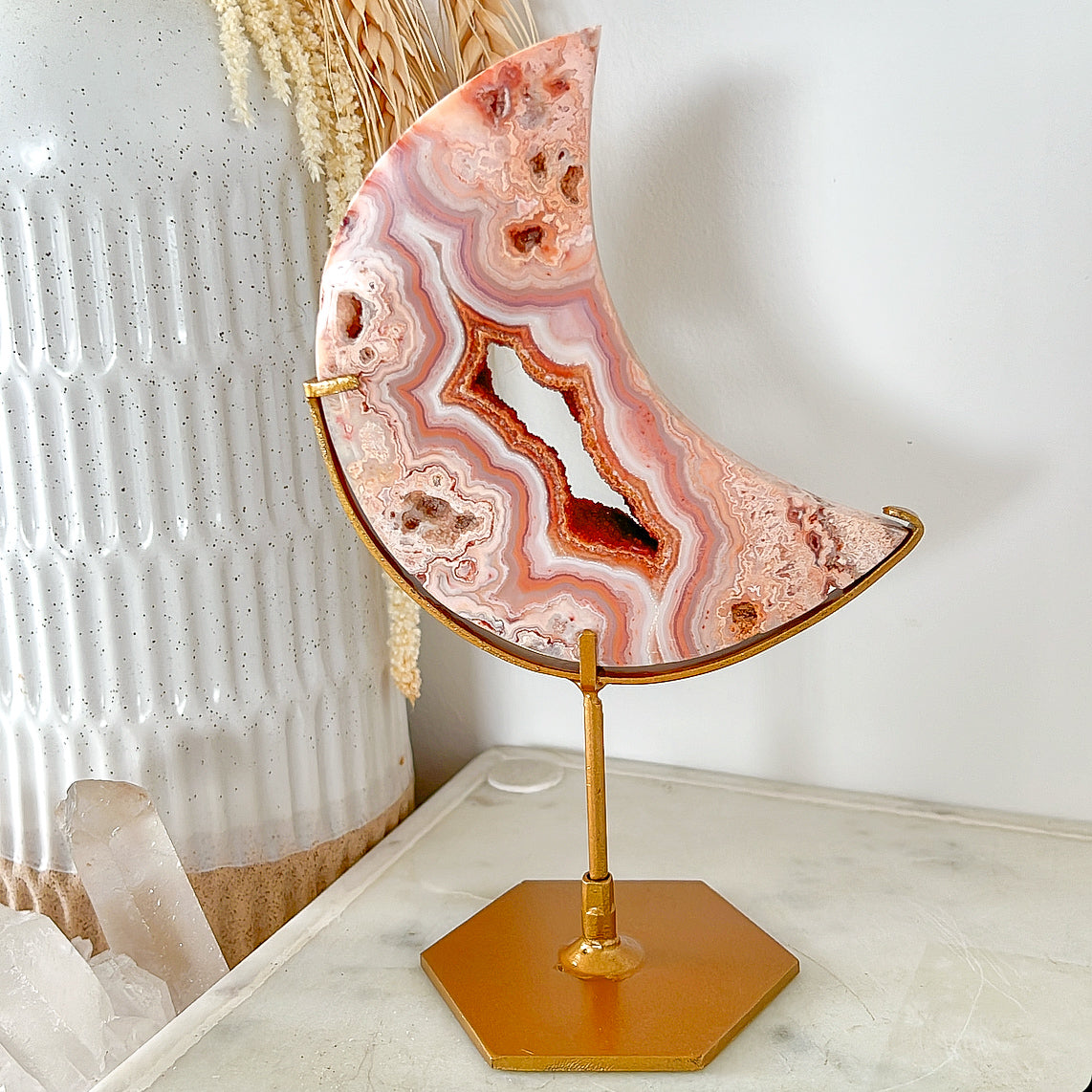Pink Crazy Lace Druzy Agate Moon & Stand