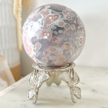 Load image into Gallery viewer, Pink Amethyst Blue Flower Agate Druzy Sphere &amp; Stand
