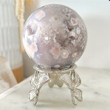 Load image into Gallery viewer, Pink Amethyst Blue Flower Agate Druzy Sphere &amp; Stand

