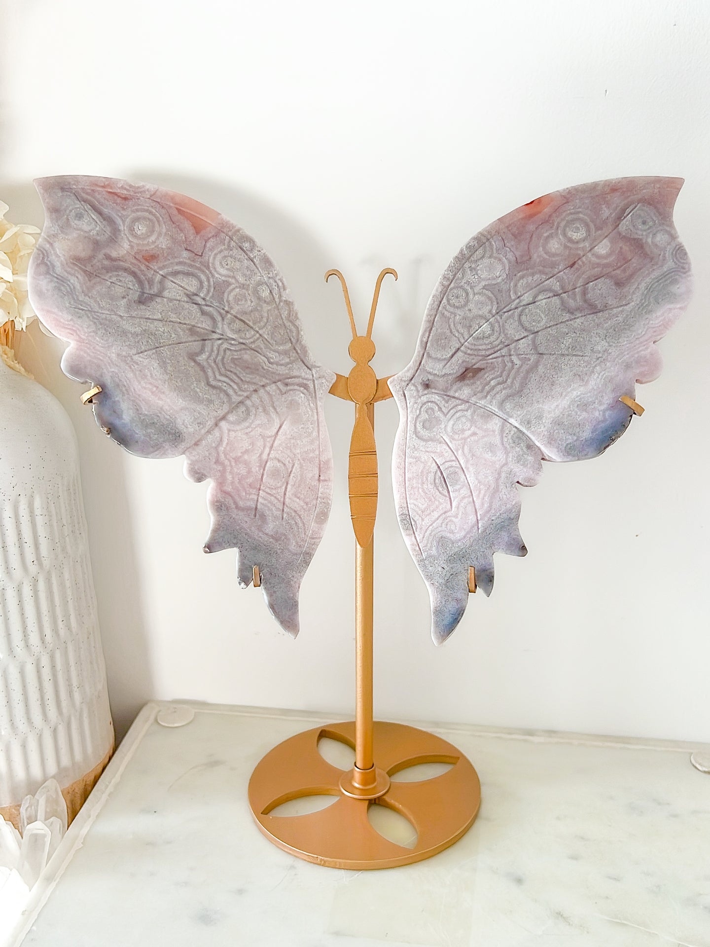 Pink Amethyst Flower Agate Butterfly & Stand