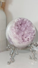 Load and play video in Gallery viewer, AAA+ Rare Pink Amethyst Flower Agate Sugar Druzy Sphere &amp; Stand
