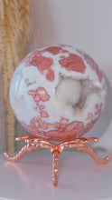 Load and play video in Gallery viewer, Pink Agate Druzy Sphere with Rose Dragonfly Stand
