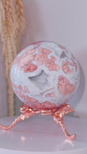 Load and play video in Gallery viewer, Pink Agate Druzy Sphere with Rose Dragonfly Stand

