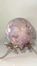 Load and play video in Gallery viewer, Pink Amethyst Blue Flower Agate Druzy Sphere &amp; Stand
