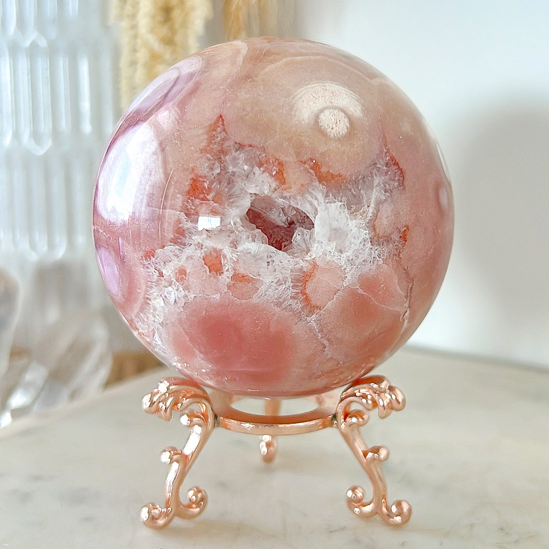 Pink Amethyst Flower Agate Druzy Sphere & Stand